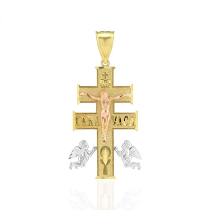 10k Yellow Gold Caravaca Diamond-Cut Jesus Crucifix Cross Pendant 1.6", 2"