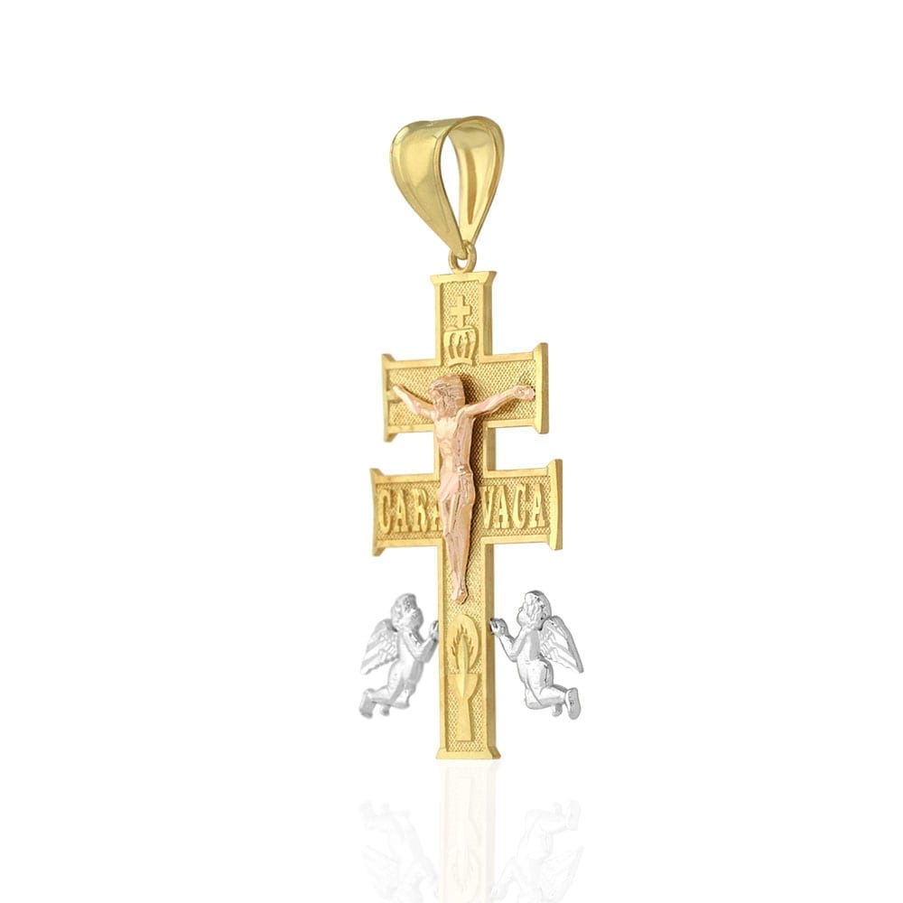 10k Yellow Gold Caravaca Diamond-Cut Jesus Crucifix Cross Pendant 1.6", 2"