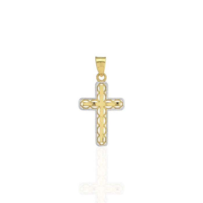 10k Yellow and White Gold Diamond-Cut Milgrain Religious Cross Pendant 0.94"