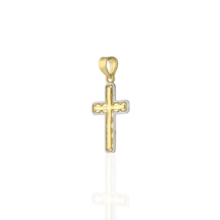 10k Yellow and White Gold Diamond-Cut Milgrain Religious Cross Pendant 0.94"