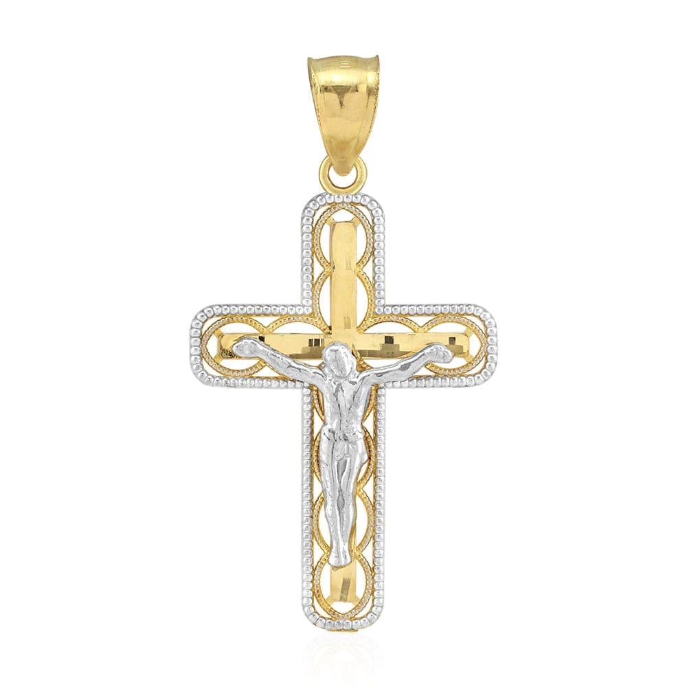 10k Yellow & White Gold Diamond Cut Milgrain Jesus Crucifix Cross Pendant 0.94"