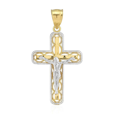 10k Yellow & White Gold Diamond-Cut Milgrain Jesus Crucifix Cross Pendant 0.94"