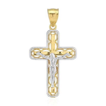 10k Yellow & White Gold Diamond Cut Milgrain Jesus Crucifix Cross Pendant 0.94"