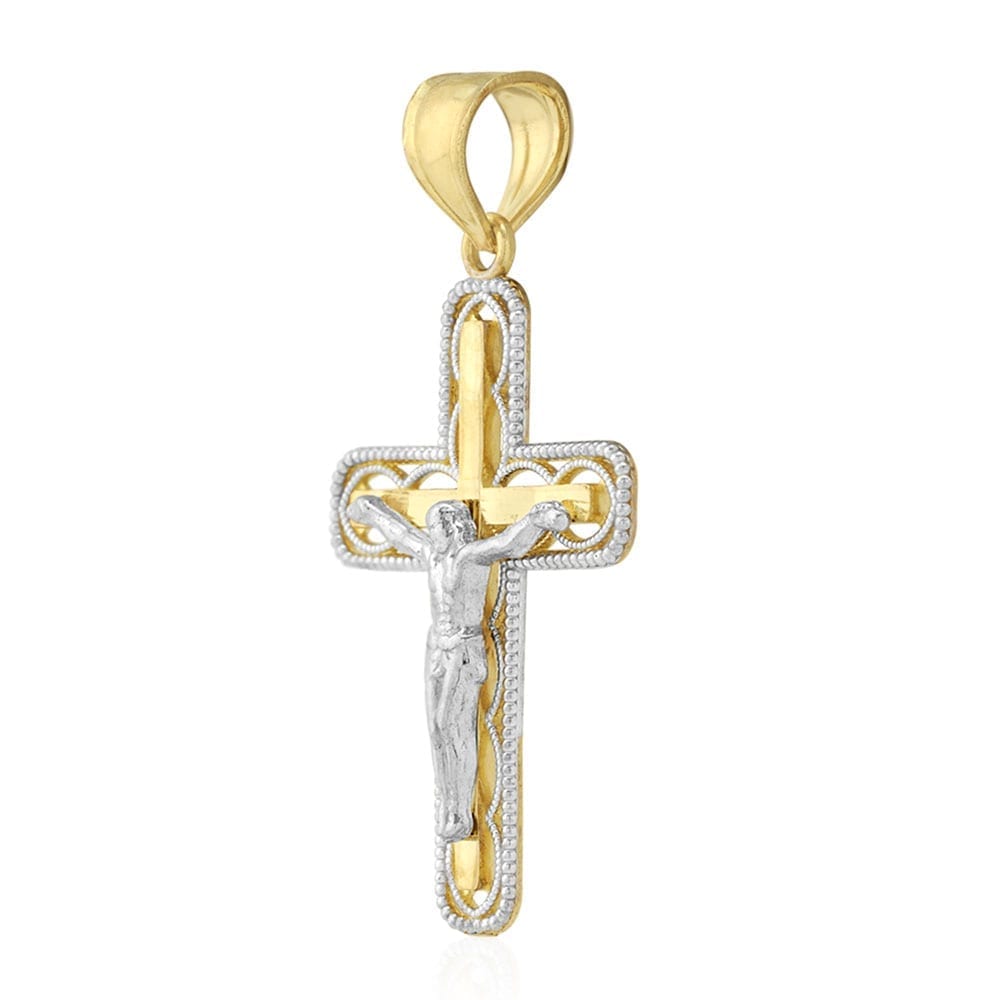10k Yellow & White Gold Diamond Cut Milgrain Jesus Crucifix Cross Pendant 0.94"