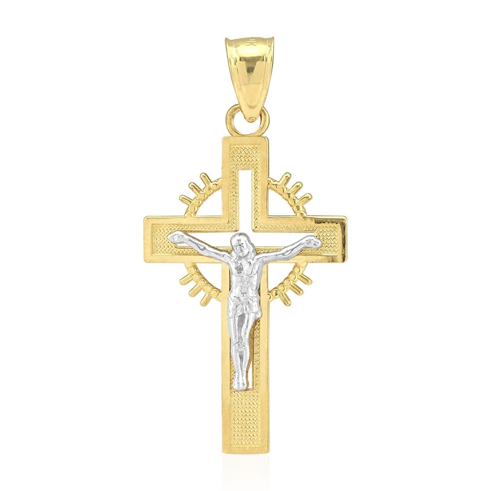 10k Two Tone Gold Diamond Cut Jesus Crucifix Religious Cross Pendant 1.26"