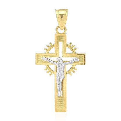10k Two Tone Gold Diamond Cut Jesus Crucifix Religious Cross Pendant 1.26"