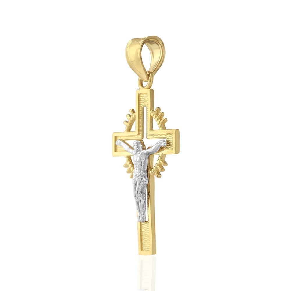 10k Two Tone Gold Diamond Cut Jesus Crucifix Religious Cross Pendant 1.26"