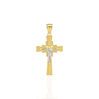 10k Yellow Gold Filigree Textured Jesus Crucifix Religious Cross Pendant 1.55"