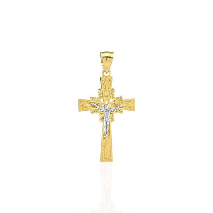 10k Yellow Gold Filigree Textured Jesus Crucifix Religious Cross Pendant 1.55"