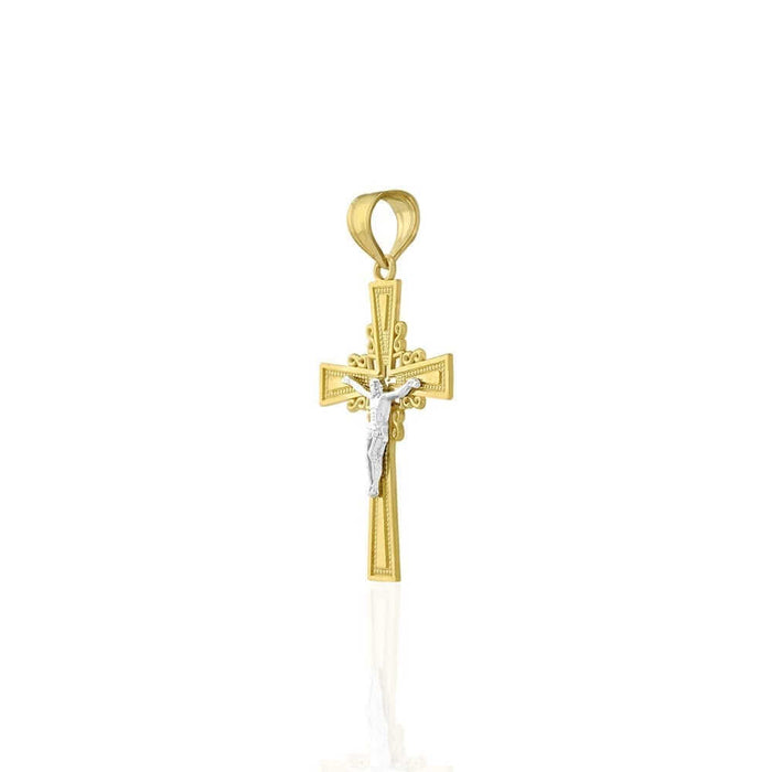 10k Yellow Gold Filigree Textured Jesus Crucifix Religious Cross Pendant 1.55"