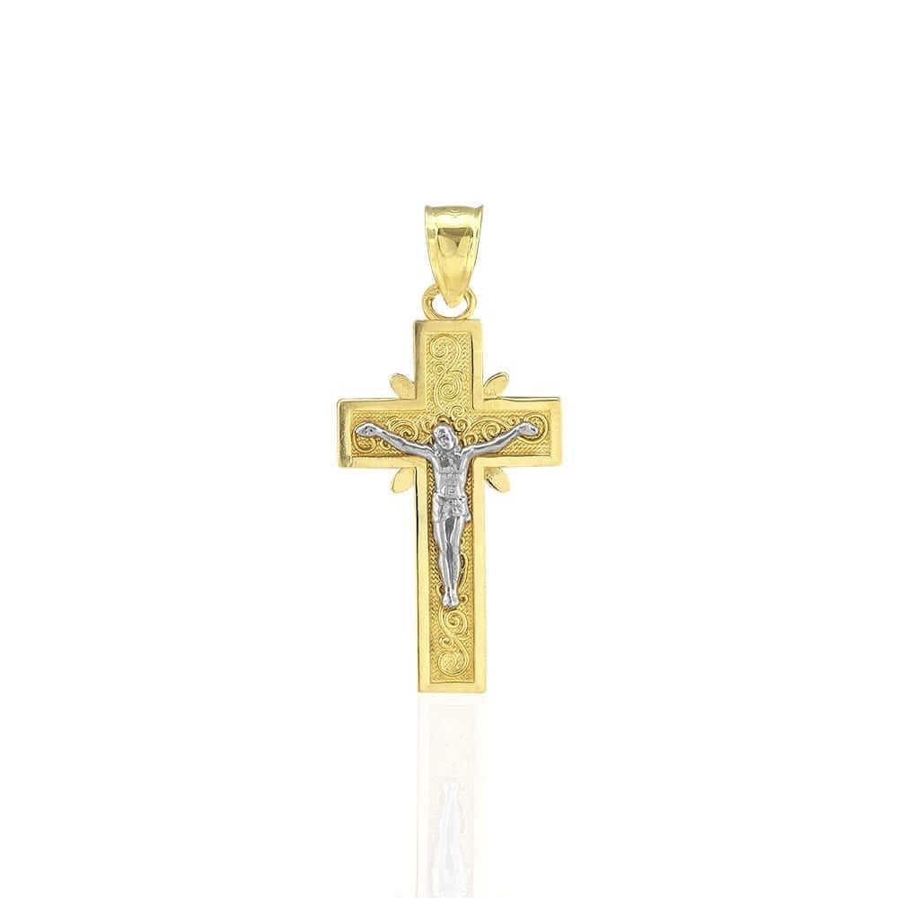 10k Yellow Gold Filigree Textured Jesus Crucifix Religious Cross Pendant 1.22"