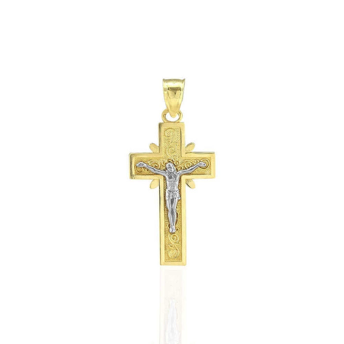 10k Yellow Gold Filigree Textured Jesus Crucifix Religious Cross Pendant 1.22"