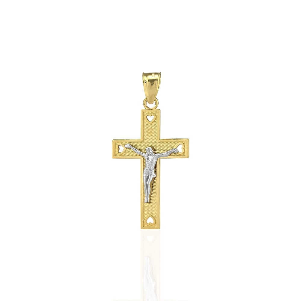 10k Yellow Gold Heart Textured Jesus Crucifix Religious Cross Pendant 1.26"