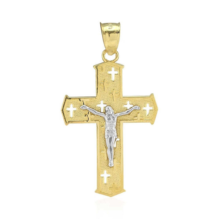 10k Yellow & White Gold Textured Jesus Crucifix Religious Cross Pendant 1.3"