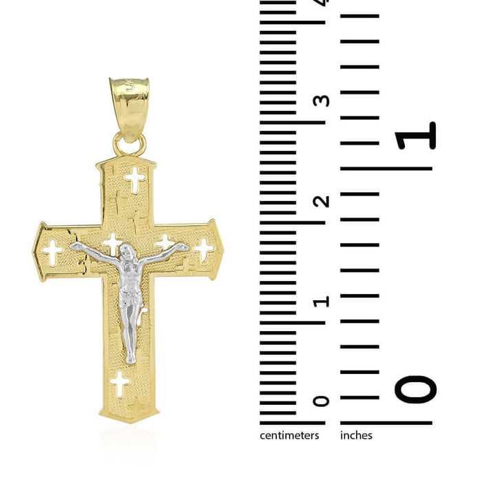 10k Yellow & White Gold Textured Jesus Crucifix Religious Cross Pendant 1.3"