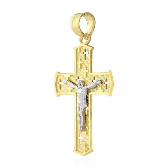10k Yellow & White Gold Textured Jesus Crucifix Religious Cross Pendant 1.3"