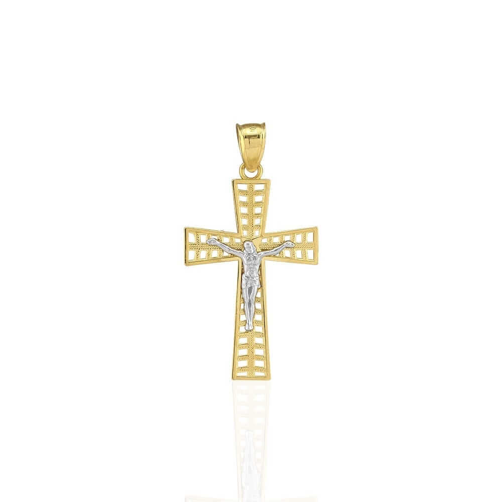 10k Yellow & White Gold Textured Jesus Crucifix Religious Cross Pendant 1.34"