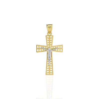 10k Yellow & White Gold Textured Jesus Crucifix Religious Cross Pendant 1.34"