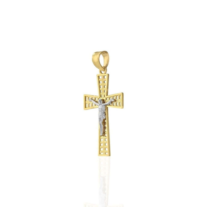 10k Yellow & White Gold Textured Jesus Crucifix Religious Cross Pendant 1.34"