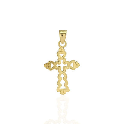 10k Solid Yellow Gold Milgrain Textured Religious Cross Pendant 1"