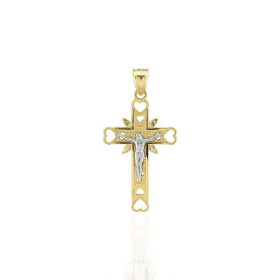 10k Yellow Gold Milgrain Heart Jesus Crucifix Religious Cross Pendant 1.38"