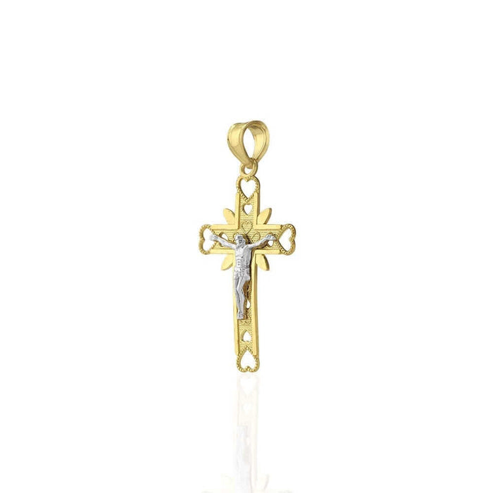 10k Yellow Gold Milgrain Heart Jesus Crucifix Religious Cross Pendant 1.38"