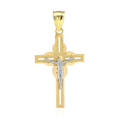 10k Yellow White Gold Jesus Crucifix Religious Cross Pendant 1.5"