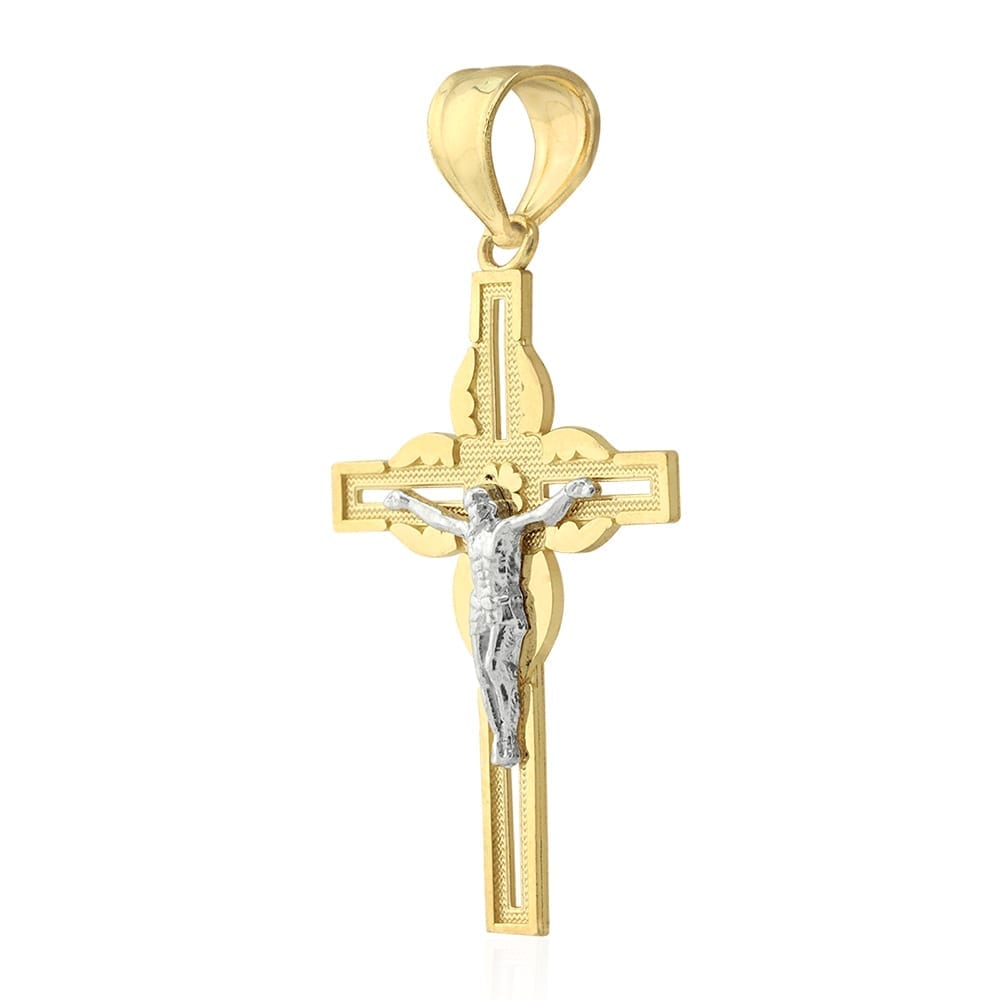 10k Yellow White Gold Jesus Crucifix Religious Cross Pendant 1.5"