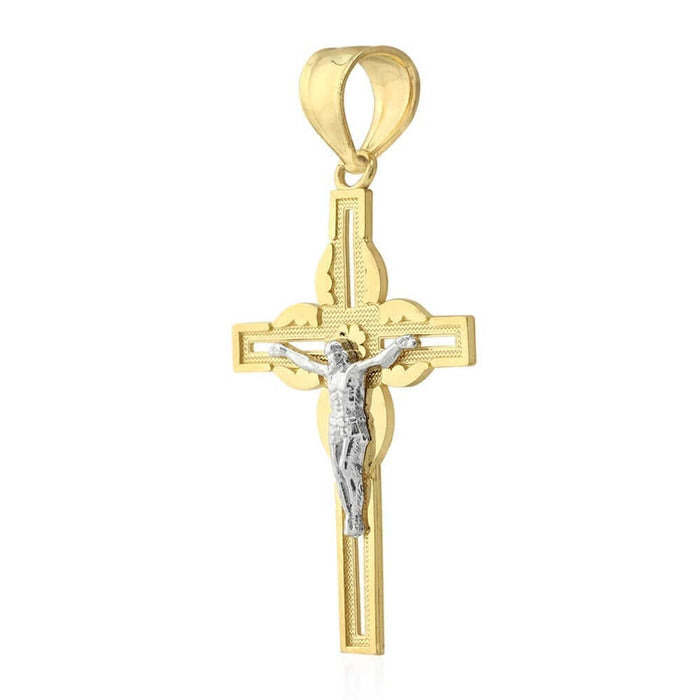 10k Yellow White Gold Jesus Crucifix Religious Cross Pendant 1.5"