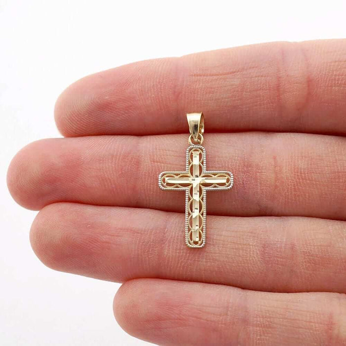 10k Yellow and White Gold Diamond-Cut Milgrain Religious Cross Pendant 0.94"