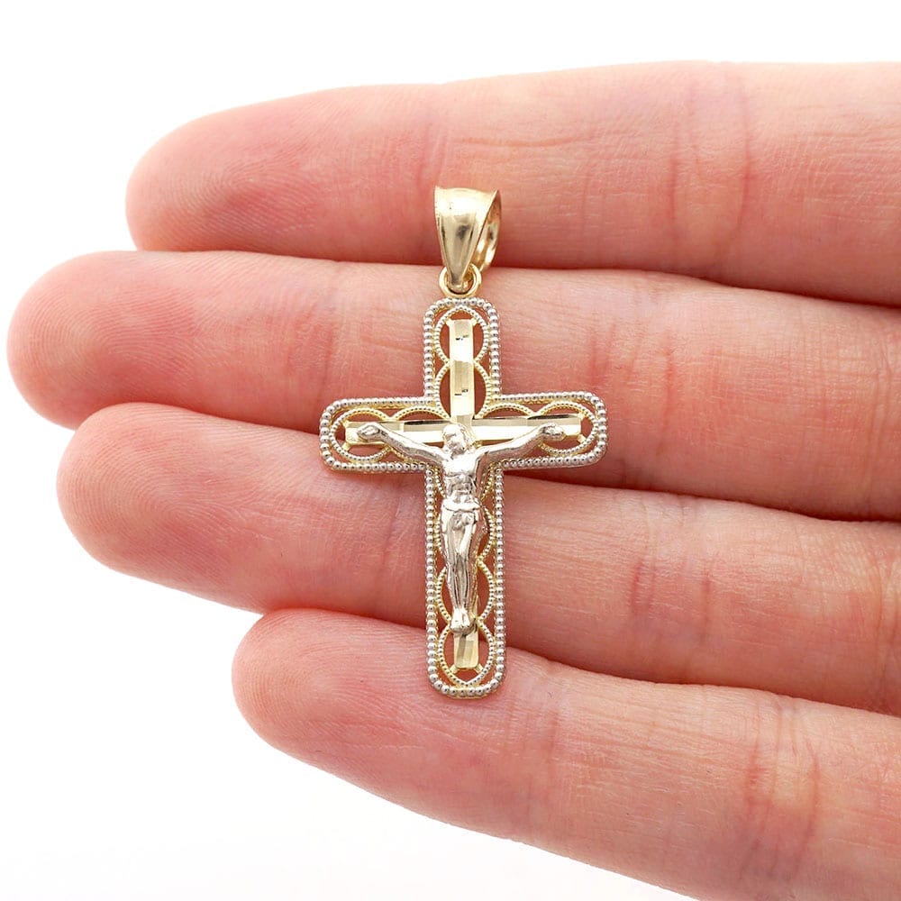 10k Yellow & White Gold Diamond Cut Milgrain Jesus Crucifix Cross Pendant 0.94"