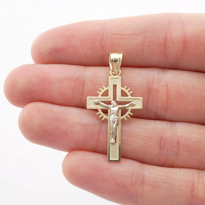 10k Two Tone Gold Diamond Cut Jesus Crucifix Religious Cross Pendant 1.26"