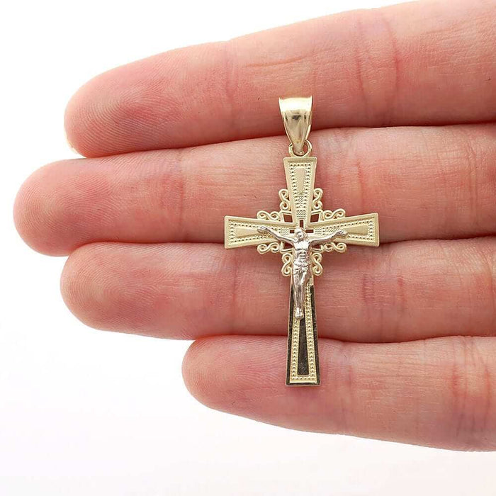 10k Yellow Gold Filigree Textured Jesus Crucifix Religious Cross Pendant 1.55"