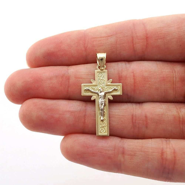 10k Yellow Gold Filigree Textured Jesus Crucifix Religious Cross Pendant 1.22"