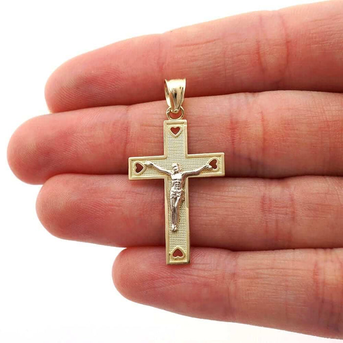 10k Yellow Gold Heart Textured Jesus Crucifix Religious Cross Pendant 1.26"