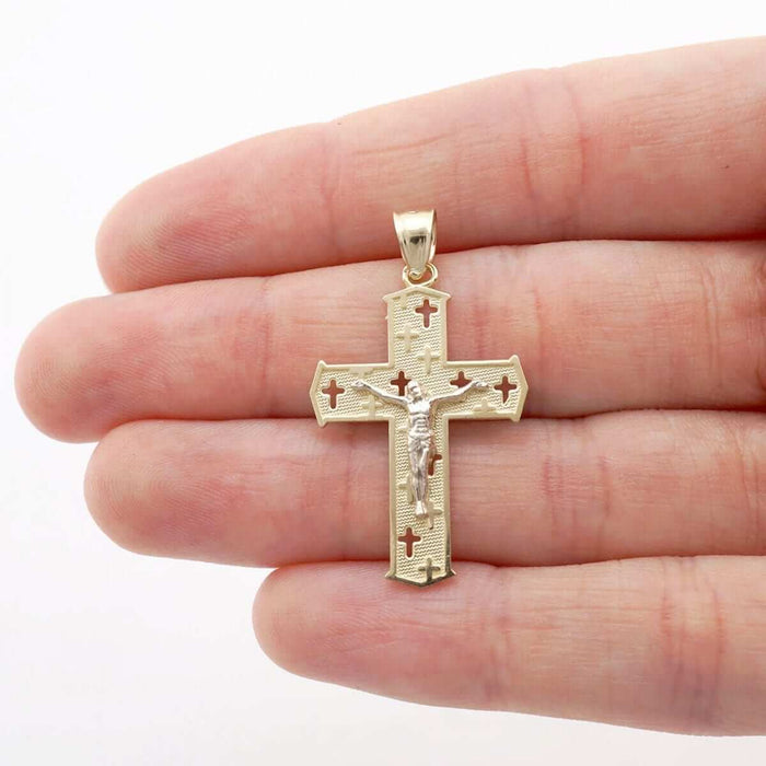 10k Yellow & White Gold Textured Jesus Crucifix Religious Cross Pendant 1.3"