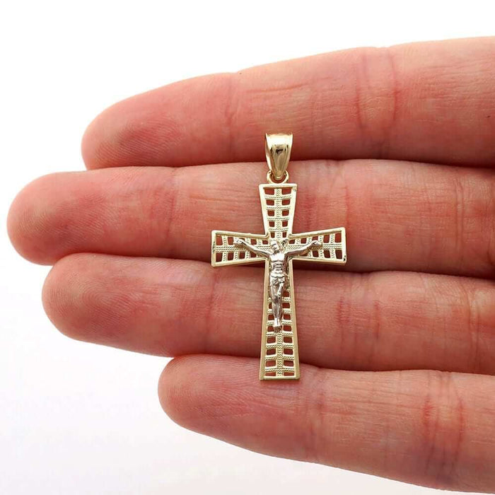 10k Yellow & White Gold Textured Jesus Crucifix Religious Cross Pendant 1.34"