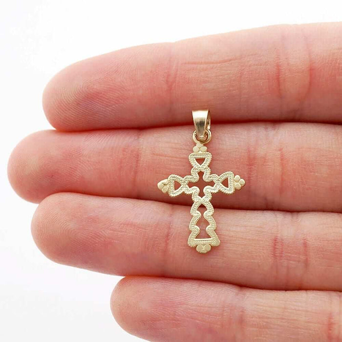 10k Solid Yellow Gold Milgrain Textured Religious Cross Pendant 1"