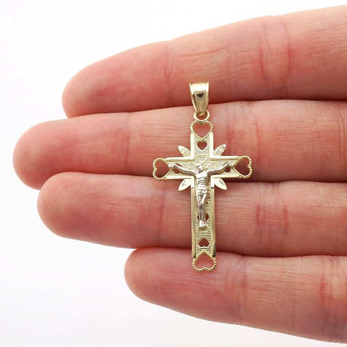 10k Yellow Gold Milgrain Heart Jesus Crucifix Religious Cross Pendant 1.38"