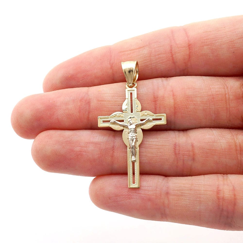10k Yellow White Gold Jesus Crucifix Religious Cross Pendant 1.5"