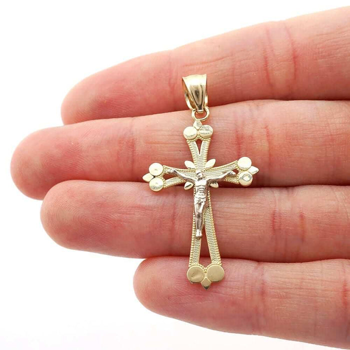 10k Solid Yellow Gold Milgrain Jesus Crucifix Religious Cross Pendant 1.5"