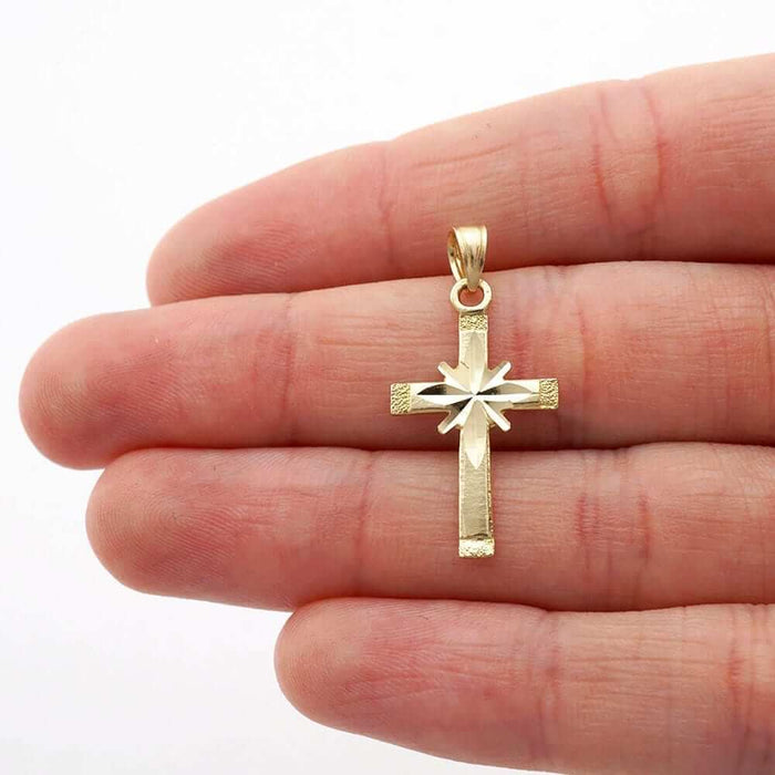 10k Solid Yellow Gold Diamond-Cut Textured Religious Cross Pendant 1.06"