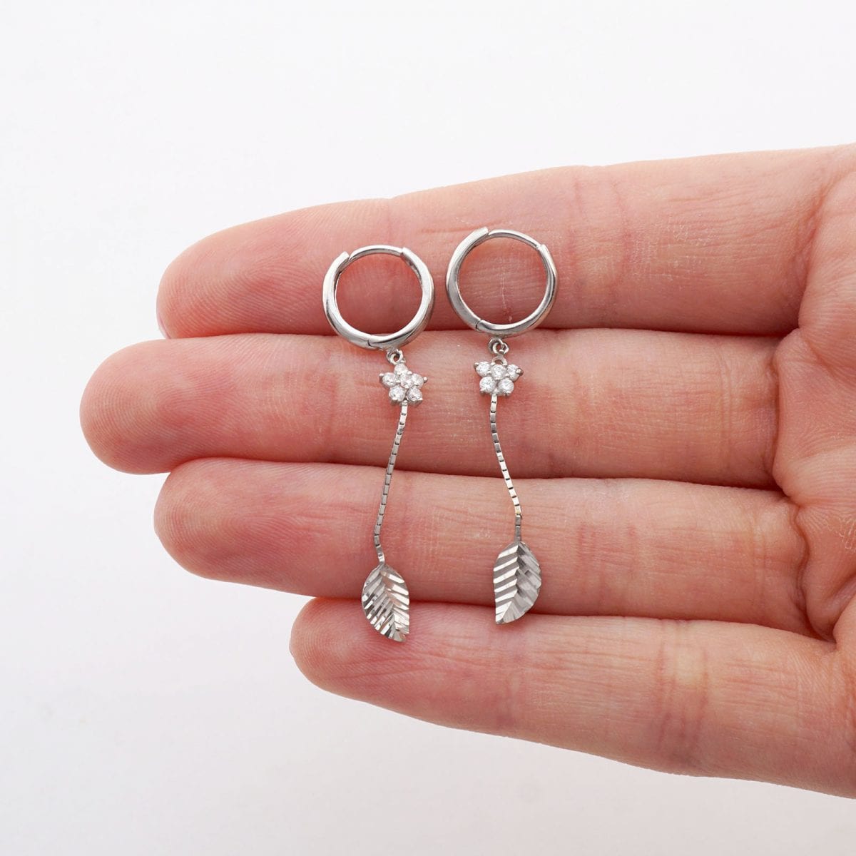 14k White Gold CZ Flower Leaf  Huggie Hoop Earrings