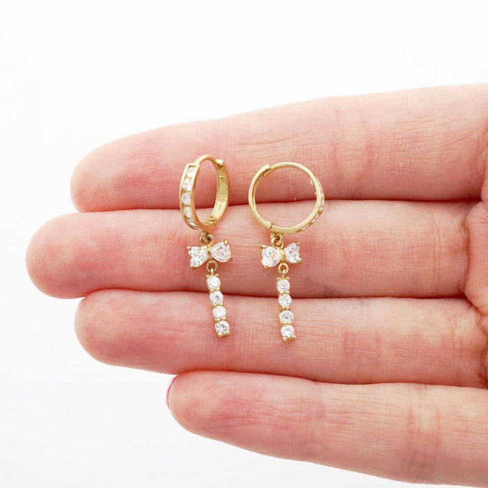 1.20Ct CZ 14k Yellow Gold Bow Double Huggie Hoop Earrings