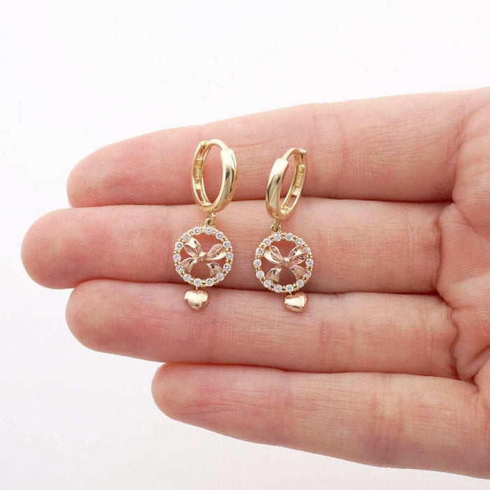 14k Yellow Gold CZ Rose Bow Heart Huggie Hoop Earrings
