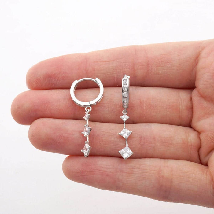 14k White Gold 2Ct Princess CZ Drop Huggie Hoop Earrings