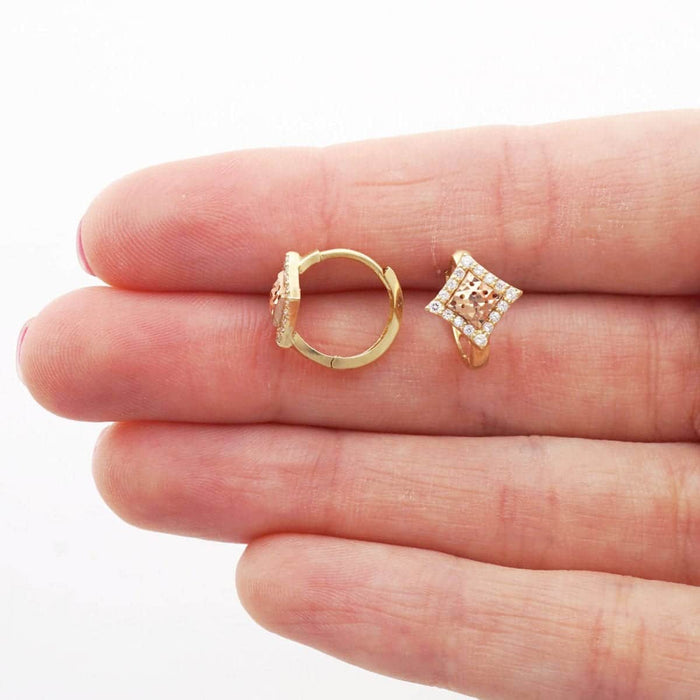 14k Yellow & Rose Gold White CZ Huggie Hoop Earrings 1Ct