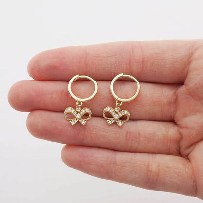 14k Yellow Gold CZ Bow Shaped  Drop Huggie Hoop Earrings