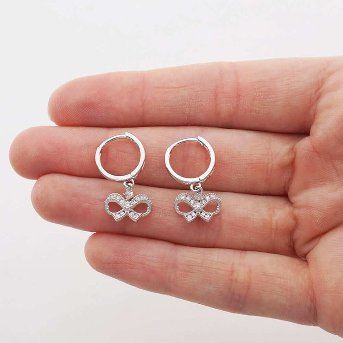 14k Yellow Gold CZ Bow Shaped Drop Huggie Hoop Earrings