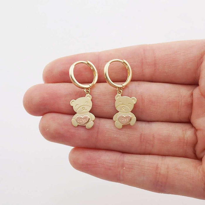 14k Yellow And Rose Gold Heart Teddy Bear Drop Huggie Hoop Earrings